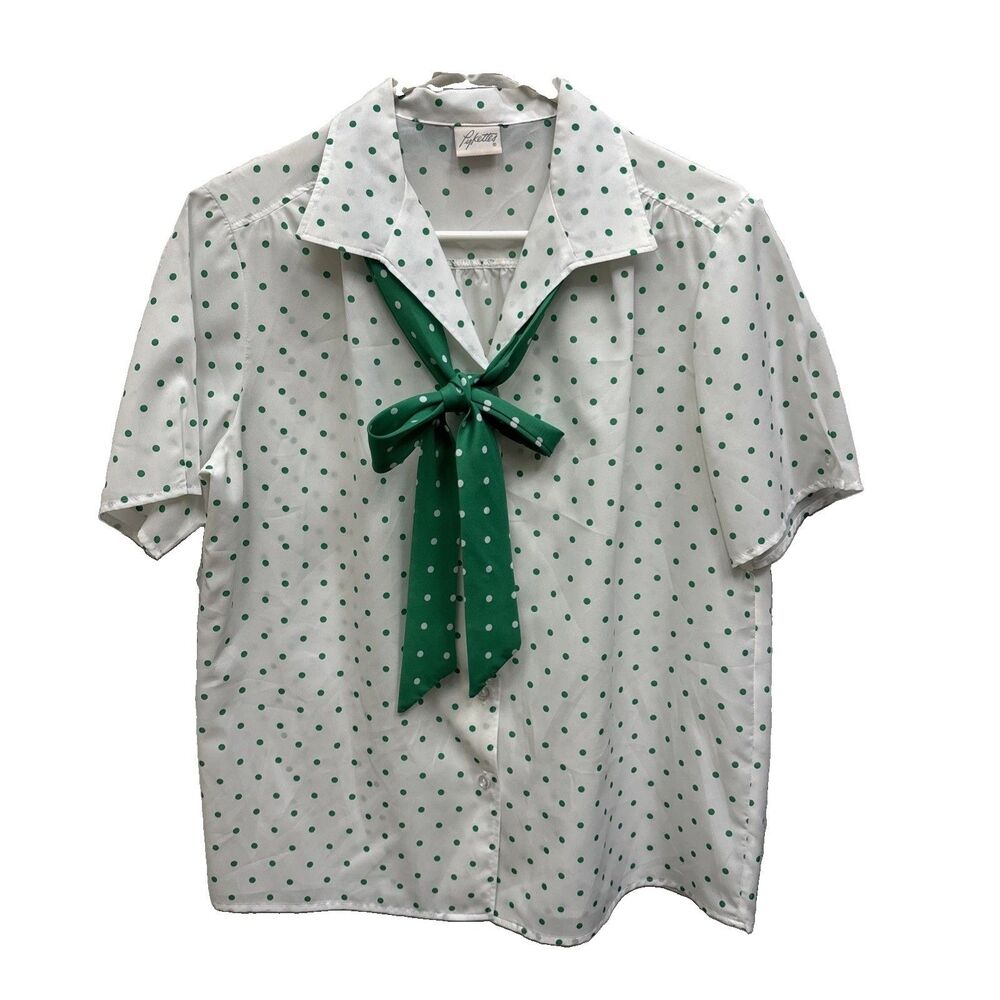 Pykettee Vintage Polyester Green White Polka Dot Short Sleeve Top Tie Button XL